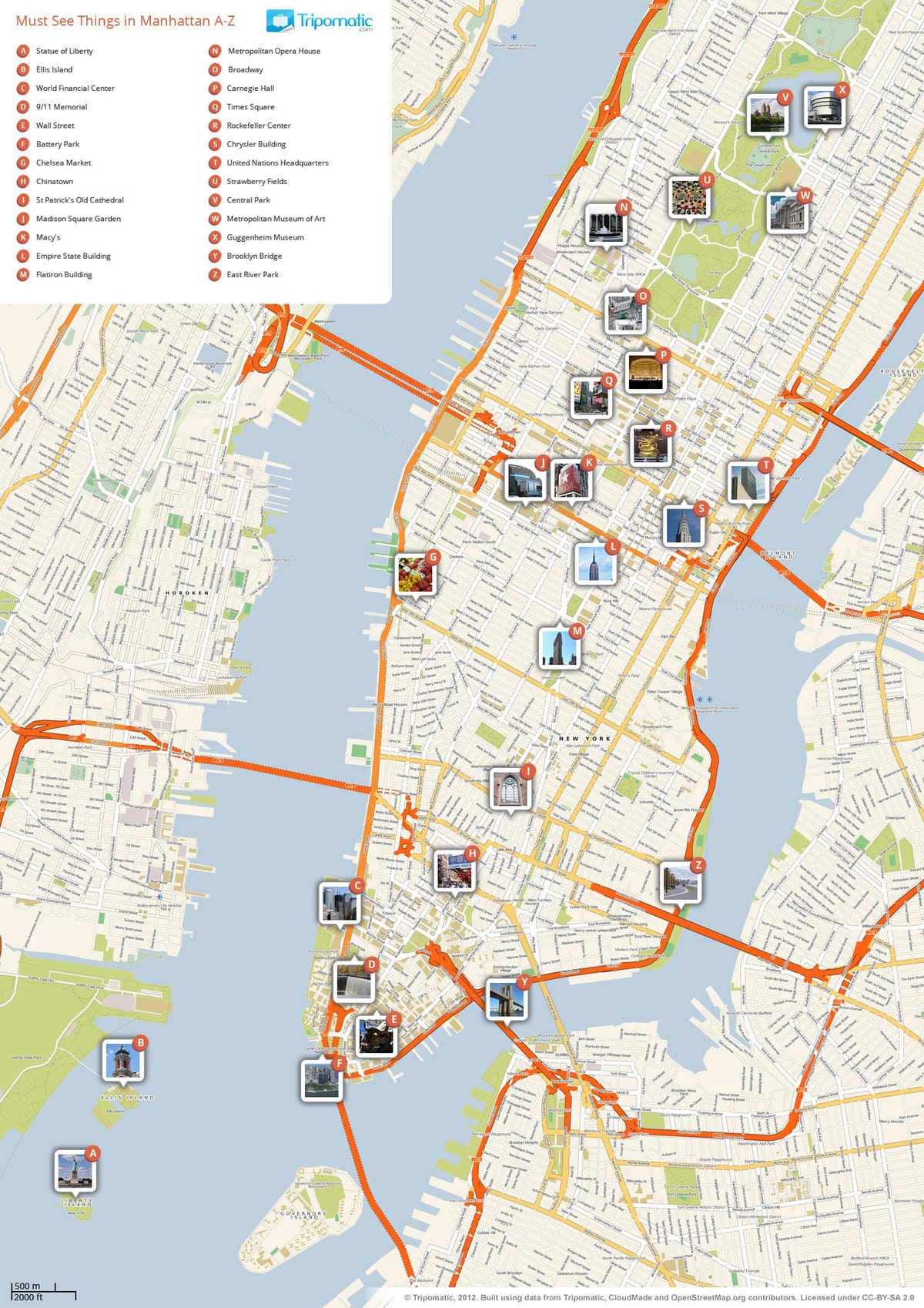 mapa de Manhattan mostrando atraccións turísticas