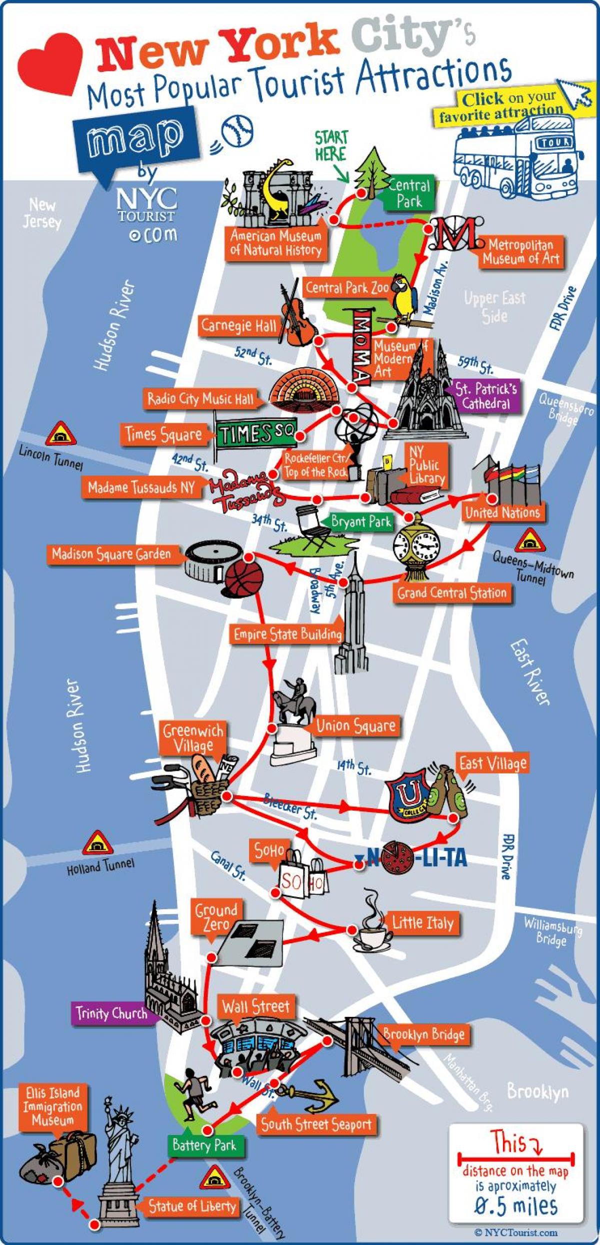 mapa de Manhattan, Nova York atraccións