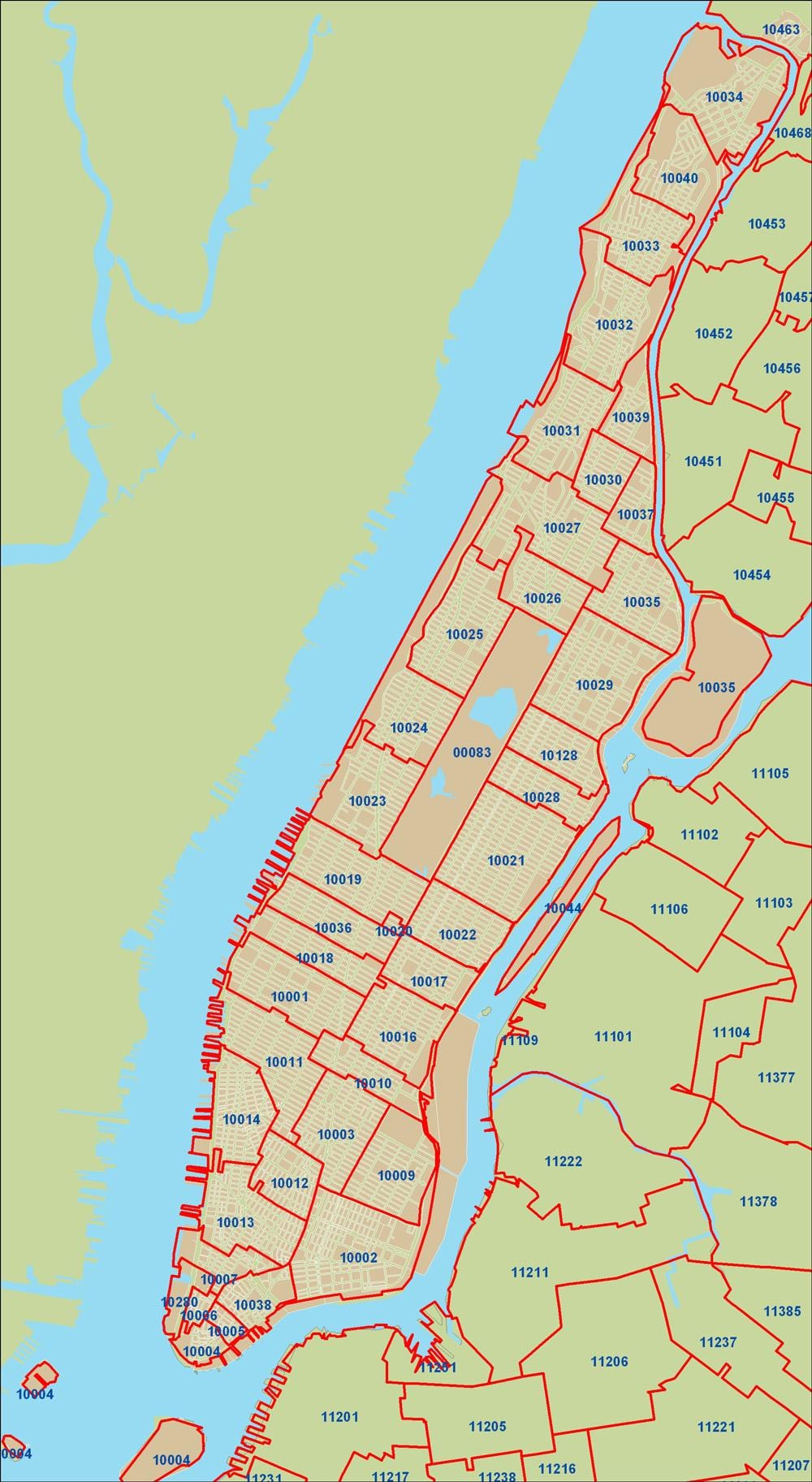 NYC código postal mapa de Manhattan