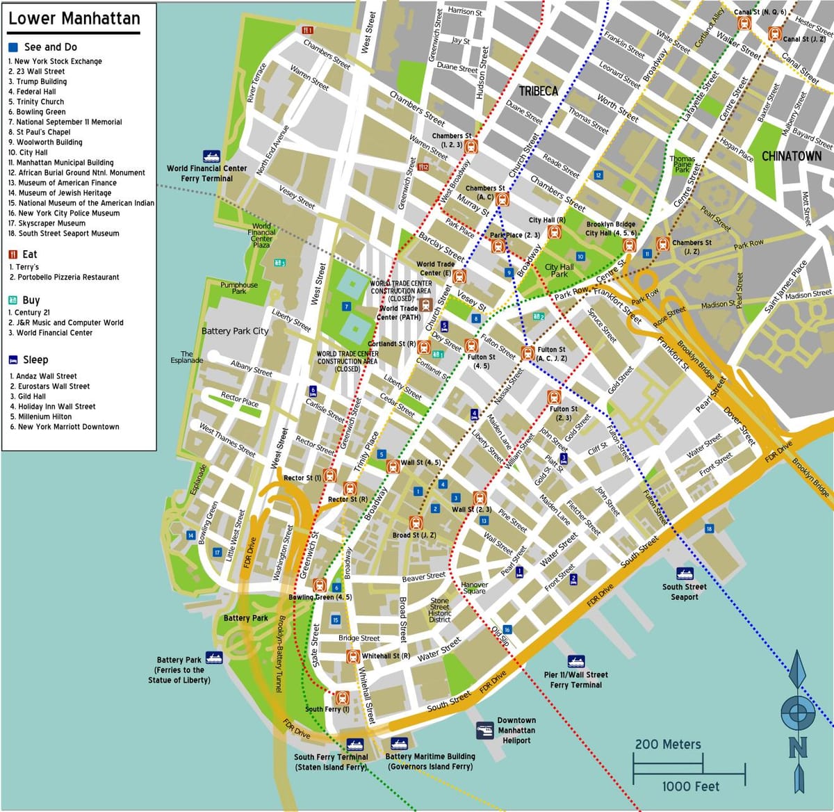 mapa de Manhattan con nomes de rúas